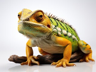 Fototapeta premium Green chameleon on a gray background. Studio shot. Isolated. side view, Studio shot.
