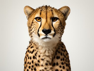 close-up portrait of cheetah in front of a white background with copy space. studio shot.
