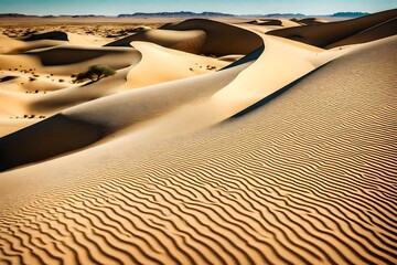 Fototapeta na wymiar Design an expansive desert landscape with towering sand dunes and a clear blue sky