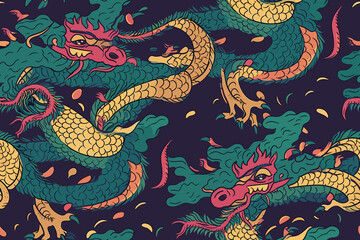Obraz premium Retro, Vintage Green, Green Dragon, Colorful, Japanese Dragon, Dragon Art, Dragon Wallpaper, Seamless Wallpaper, Dragon Background, Seamless Tumbler Wrap, Tumbler Design, Seamless, Background, Step Re