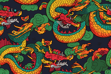 Colorful Green Dragon, Colorful, Japanese Dragon, Dragon Art, Dragon Wallpaper, Seamless Wallpaper, Dragon Background, Seamless Tumbler Wrap, Tumbler Design, Seamless, Background, Step Repeat