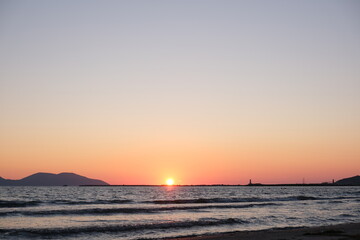 Flight over the sea. The endless horizon below us, only the blue depths. High quality photo
