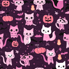 Cute Cats Background, Cute Halloween Cats, Purple Background, Purple Cats, Pink Cats, Cute Pumpkin Background, Seamless Tumbler Wrap, Tumbler Design, Seamless, Background, Step Repeat