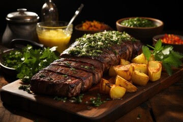 Grilled picanha with caramelized pineapple and chimichurri, over crackling embers., generative IA