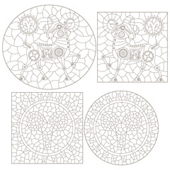 Obraz premium Set of contour illustrations in the style of stained glass with steam punk signs of the zodiac aries, dark contours on a white background