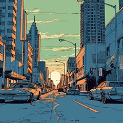 Sunset in the city, Comic Book Style Background, Comic City 2D Drawing
