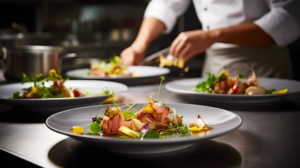 Keuken spatwand met foto gourmet dish being prepared in a high-end restaurant kitchen © Prasanth