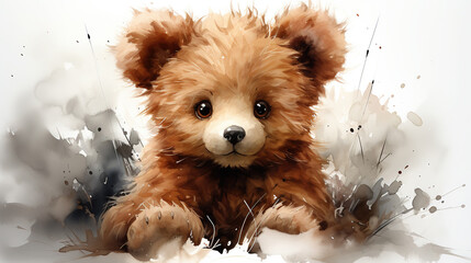 Watercolor Style Fluffy Teddy Bear Clipart Isolated on White Background AI Generative