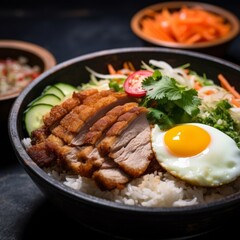 Breaded and deep-fried pork cutlet rice bowl showcasing the beautifully arranged ingredients on a dark, textured surface