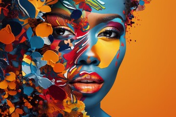 Modern pop art collage of closeup portrait of beautiful woman with pain on her face on orange background. Beauty fashion artwork concept