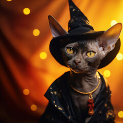 Black cat, orange bokeh background. Happy Halloween. Cute sphynx cat wearing a witch hat posing at holidays decorations, celebrating Halloween at home. Cornish Rex wearing costume.