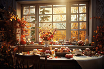 Kitchen table full with orange and white pumpkins and bouquet of flowers in vase. Autumn holiday thanksgiving concept
