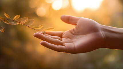 A woman's hand touches a twig and leaves against the backdrop of the setting sun. Backlight. Feel the beauty of nature with all your senses. Hand in the rays of the sun on a calm bokeh background.  - obrazy, fototapety, plakaty