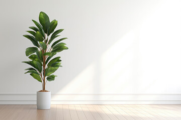 Modern interior mockup template. Light empty space with white wall, wooden floor and green potted plant. Sun rays entering into empty room from the window