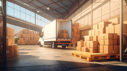 Logistics Warehouse outside with Open Door, Delivery Van with Cardboard Boxes.
