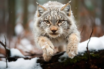 Naklejka na ściany i meble A Canada Lynx gracefully leaping through a snowy forest clearing.