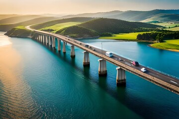 Aerial photograph capturing a majestic cross-sea bridge spanning the horizon