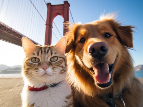 A cute dog and cat both smiles while taking a selfie together in front of Golden Gate Bridge