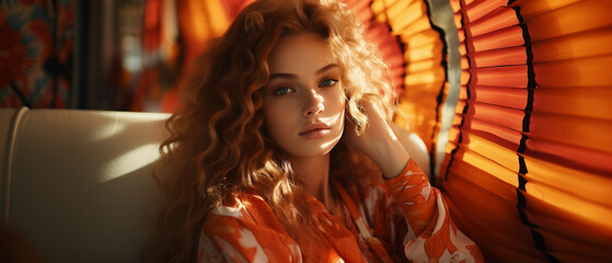 editorial portrait of a ginger model with a 70s inspired backdrop