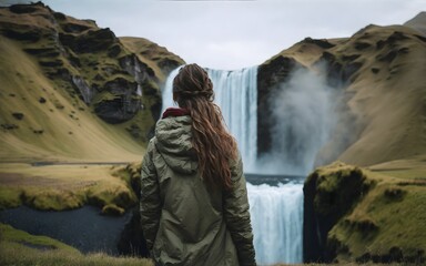 woman looking at a waterfall in iceland
