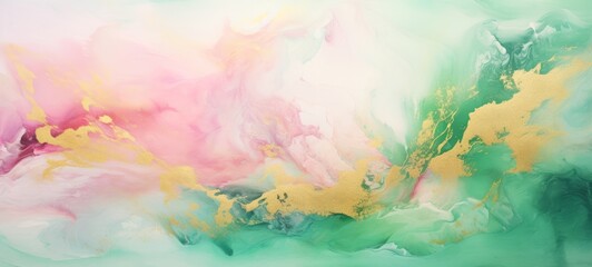 Closeup of abstract rough gold green pink art painting texture, with oil or acrylic brushstroke watercolor, pallet knife paint on canvas illustration
