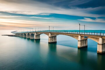 Aerial photograph capturing a majestic cross-sea bridge spanning the horizon