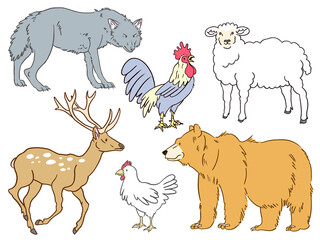 Set of cute animals illustrations wolf, rooster, sheep, stag, chicken, bear
