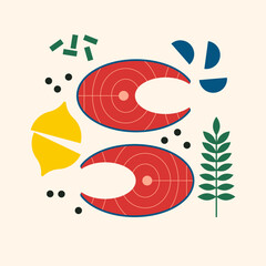 Tuna fish steaks with lemon, garlic and pepper for baking. Appetizing red fish steak. Flat vector illustration, geometric, modern style. Healthy seafood with herbs for cooking. Fish recipe.