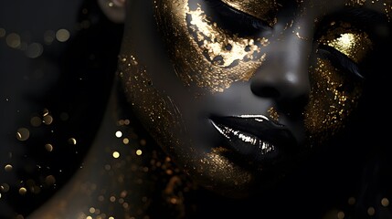 Close-up portrait of a beautiful woman with golden makeup and bodyart.