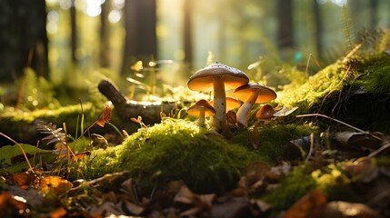 Mushrooms growing in the forest on mossy ground with sunlight - obrazy, fototapety, plakaty