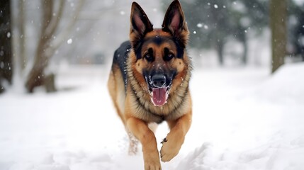 German shepherd dog running in the snow in winter forest.
