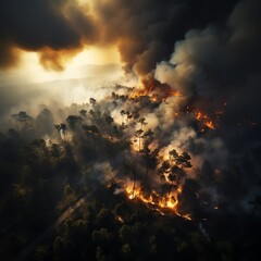 Fototapeta na wymiar Drone, fire and smoke with forest in nature for deforestation, climate change and ecology. Ai generated, plants and timber with landscape of woods flame for earth, disaster and wildfire pollution