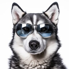 close-up of Husky with sunglasses on white background