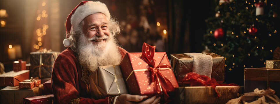 portrait of a Santa Claus, distribution of gifts in sweet home, perfect family moment, happy face, smiling, AI