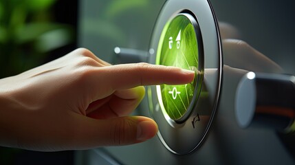 Hand adjusting a thermostat with a green leaf symbol glowing on the boiler's display.Efficient energy concept - obrazy, fototapety, plakaty