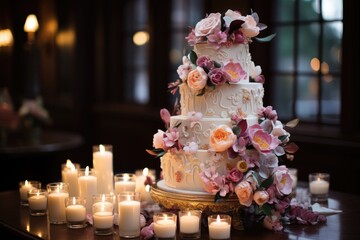 Obraz na płótnie Canvas Wedding cake luxuriously decorated with floral and fruity details., generative IA