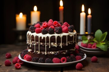 Fototapeta na wymiar Chocolate cake with ganache, raspberries and colored candles., generative IA