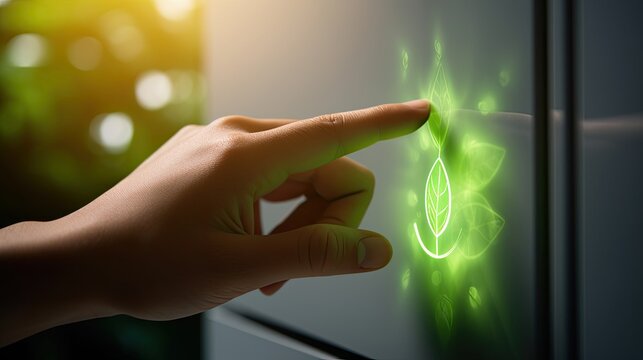 Hand touching a thermostat with a green leaf symbol on the display.Efficient energy consumption concept