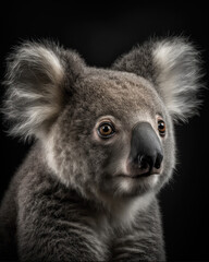 Generated photorealistic portrait of a koala on a black background in profile	

