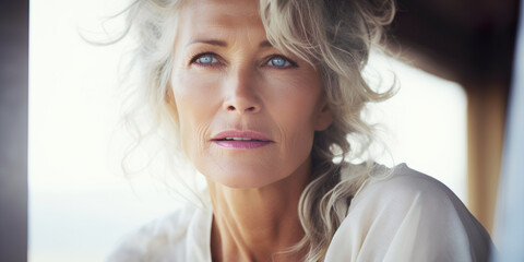 A senior woman with a cheerful smile, enjoying the sea breeze on a yacht with a scenic view.