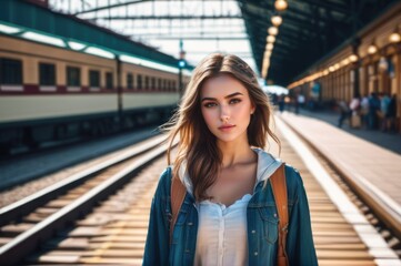 Obraz premium optimistic beautiful girl on railway station perron at summer noon. Travelling and vacations concept.