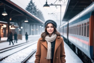 Fototapeta premium cheerful beautiful girl on railway station perron at winter morning. Travelling and vacations concept.