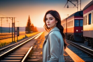 Obraz premium optimistic beautiful girl on railway station perron at spring sunset. Travelling and vacations concept.