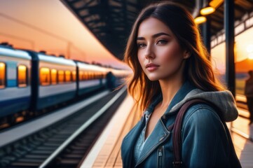 Obraz premium optimistic beautiful woman on railway station perron at summer sunset. Travelling and vacations concept.