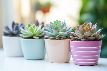 Collection of succulent plants in different colorful pots. Potted house plants on white shelf at home
