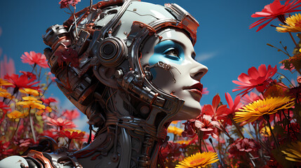 Android woman between flowers