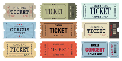Vector set of admit one tickets template. Ticket for cinema,movie,circus,theatere,film,festival,casino,club,music etc. Event admission, entrance pass set .Vector illustration