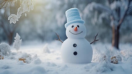 Obraz premium Funny smiling snowman in a gray hat on a snowy meadow in a winter forest among tree trunks. Christmas concept. Illustration for cover, postcard, postcard, design, invitation or print.