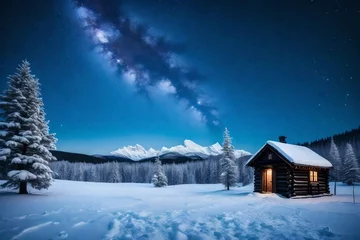 Fotobehang A serene snowy landscape with a lone cabin and a starlit sky © MuhammadInaam