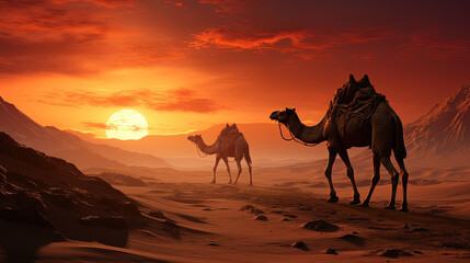 Line of Camels Gracefully Walking on a Sandy Desert During a Stunning Sunset AI Generative